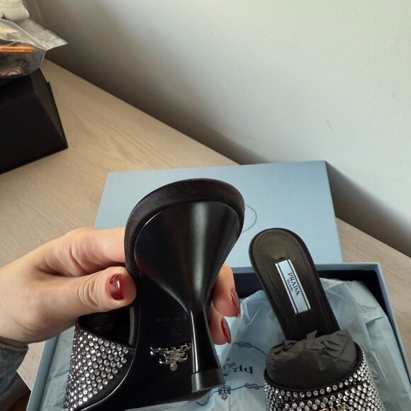 Prada Logo Slide Sandals Satin Crystal Embellished Kitten Heels Black - Picture 8 of 8